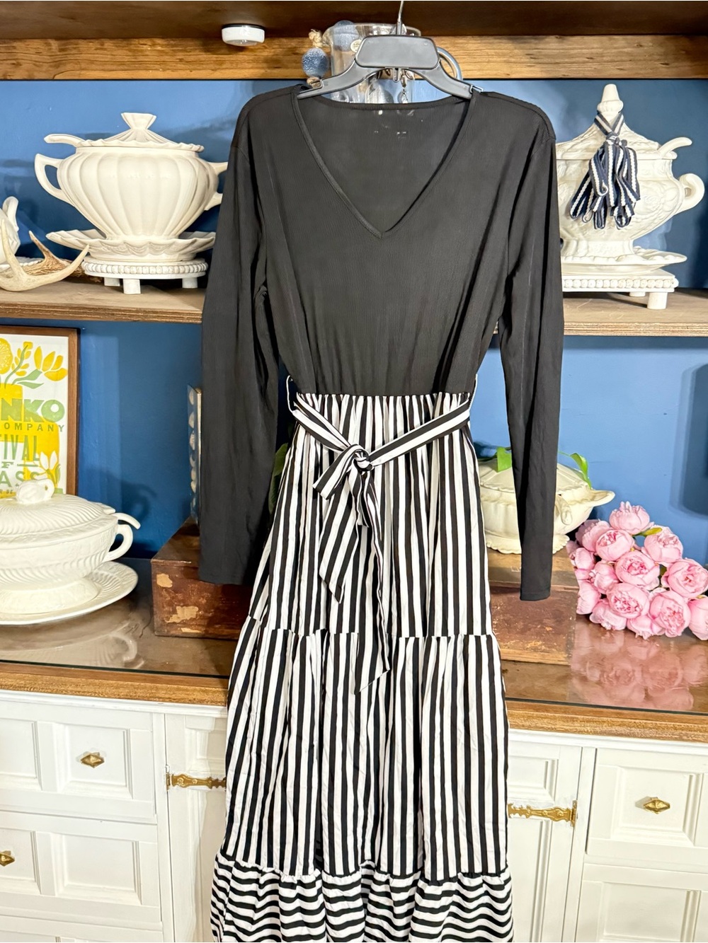 Black & White Striped Waist-Tie Maxi Dress - Women